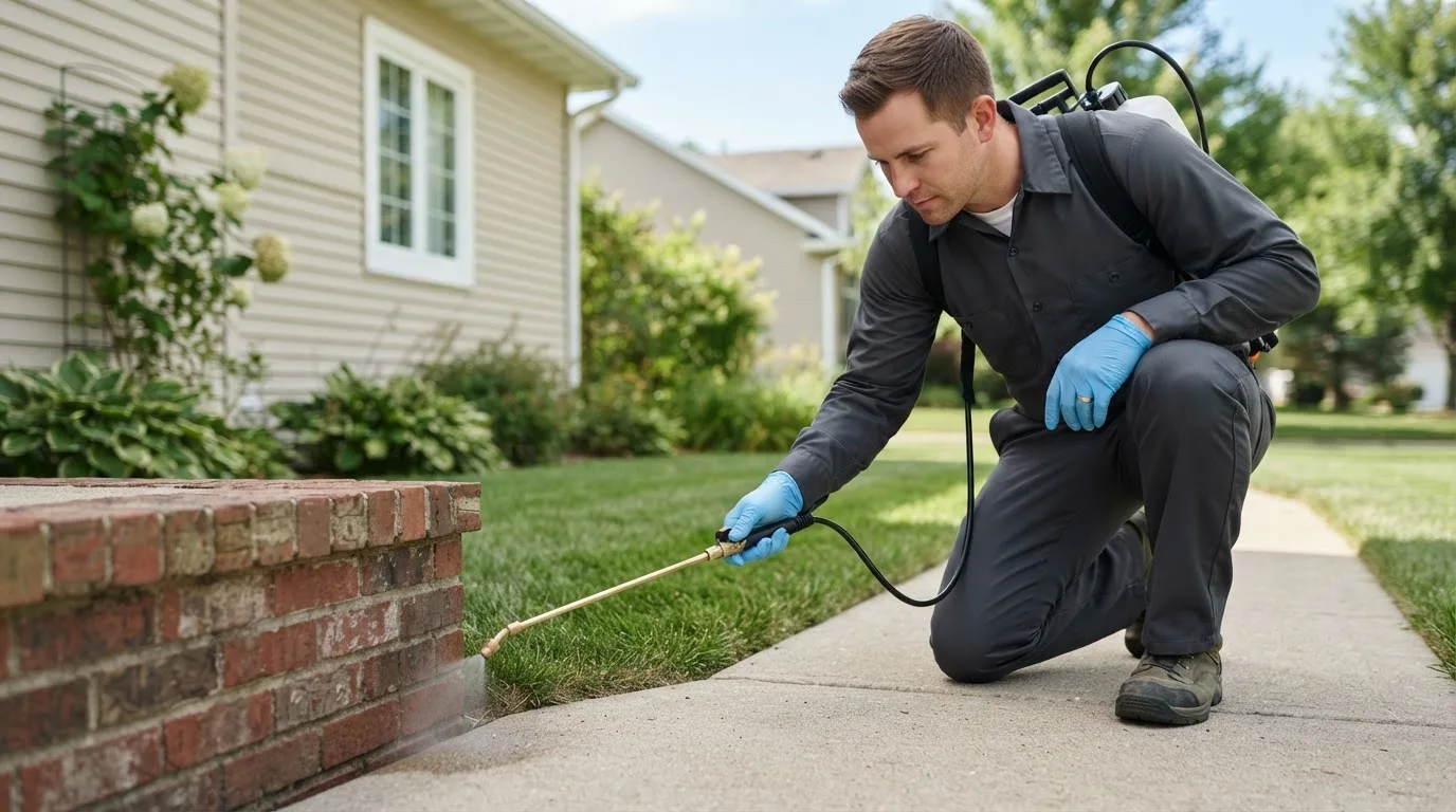 Pest control technician treating a home near West Charleston, VT